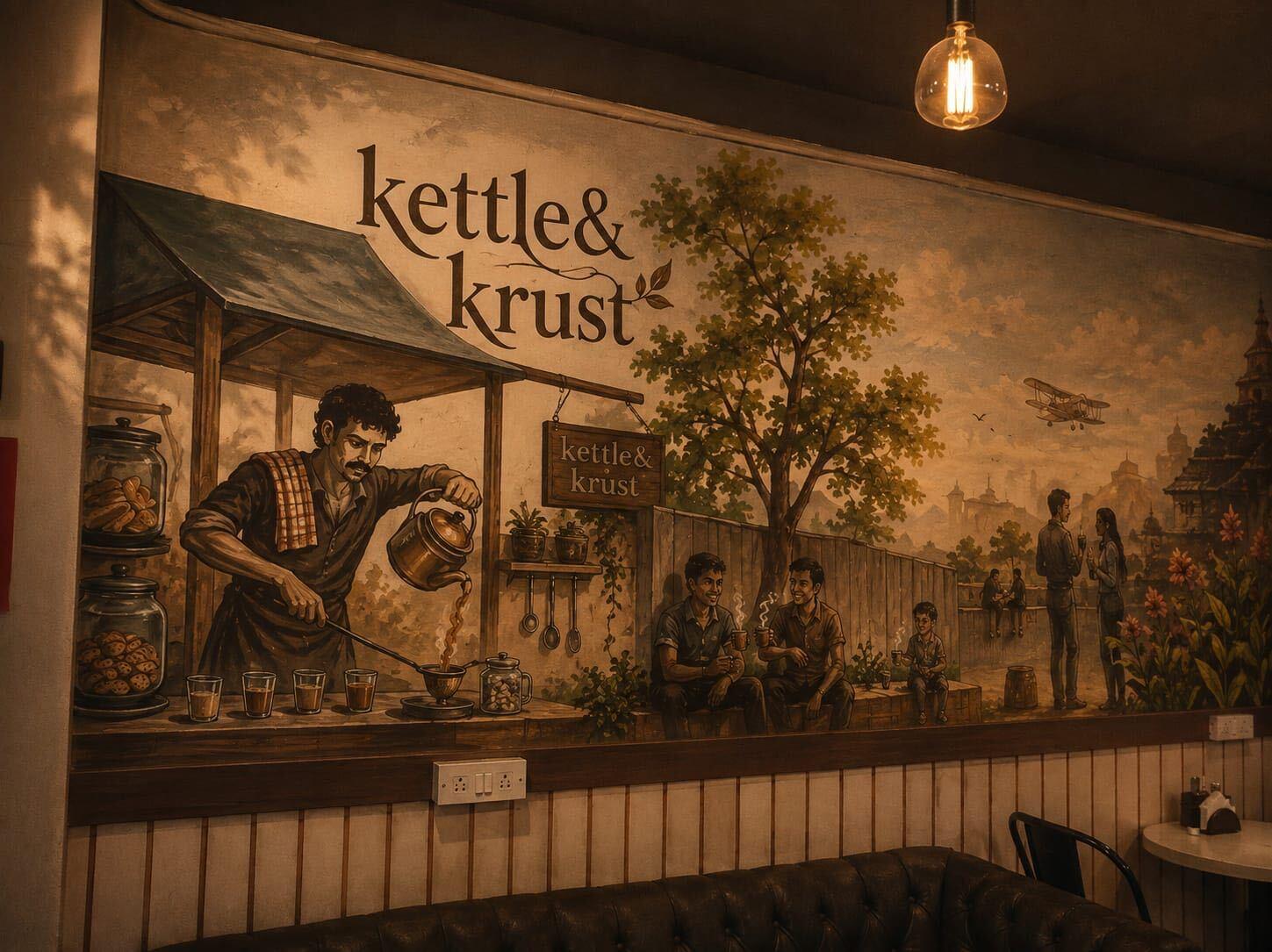 The Kettle & Krust mural inside the café, telling the story behind the name